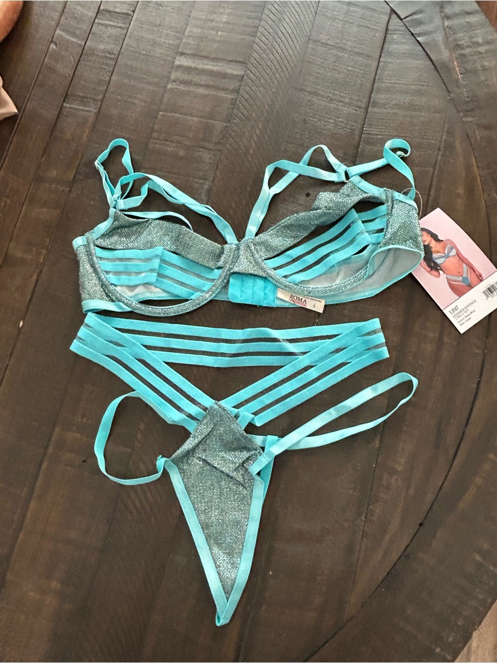 Roma Teal Shimmer Strappy Bra & Thong Set